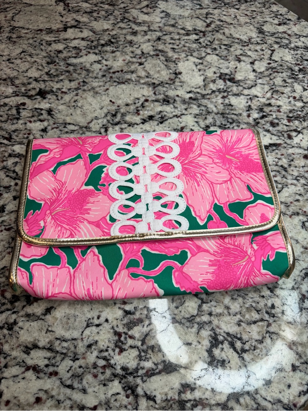Lilly Pulitzer NWOT Pink and Green Floral Clutch with Gold Trim